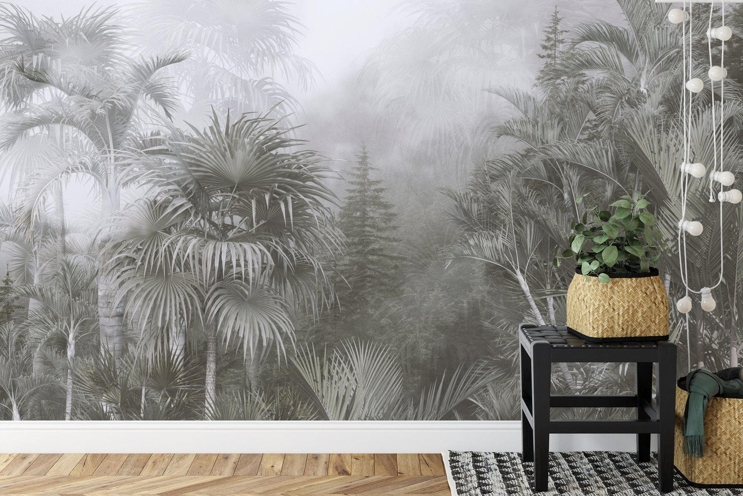 Pastel Monochrome Green and Grey Tropical Forest Jungle Wallpaper Mural. #FT-448919