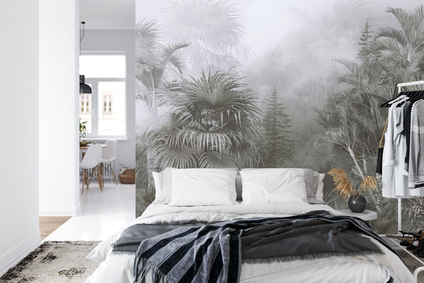 Pastel Monochrome Green and Grey Tropical Forest Jungle Wallpaper Mural. #FT-448919