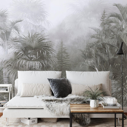 Pastel Monochrome Green and Grey Tropical Forest Jungle Wallpaper Mural. #FT-448919