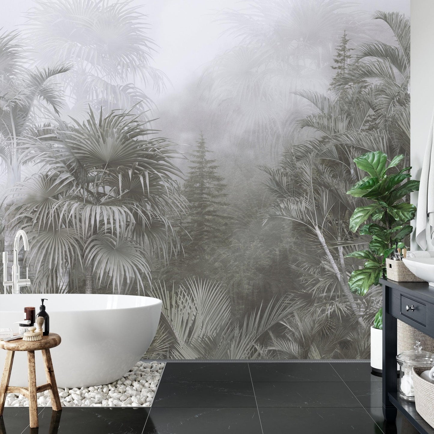 Pastel Monochrome Green and Grey Tropical Forest Jungle Wallpaper Mural. #FT-448919