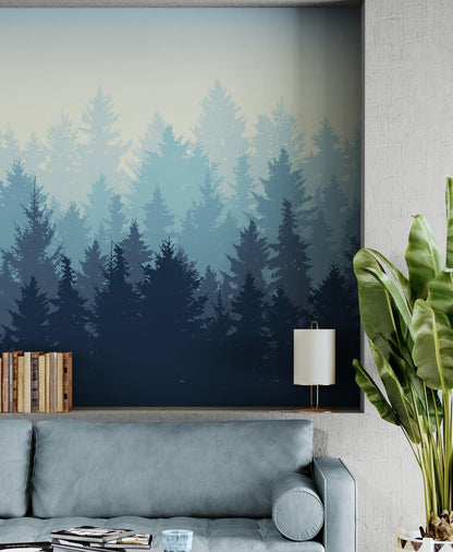 Misty Forest Wallpaper. Blue Pastel Color Mural #6772