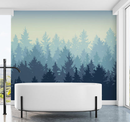 Misty Forest Wallpaper. Blue Pastel Color Mural #6772