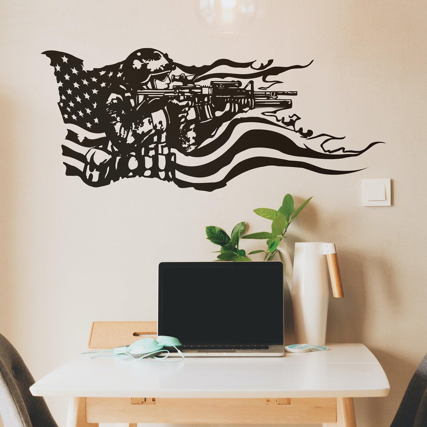 America Flag with U.S. Military Soldier Vinyl Wall Decal Sticker. #GFoster155