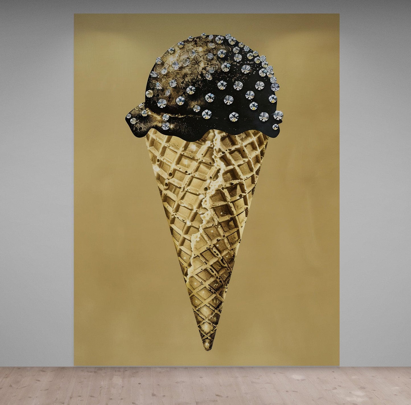 Glamour Room Decor. Gold Ice Cream Cone and Diamonds Wallpaper Mural. #6826