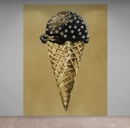 Glamour Room Decor. Gold Ice Cream Cone and Diamonds Wallpaper Mural. #6826