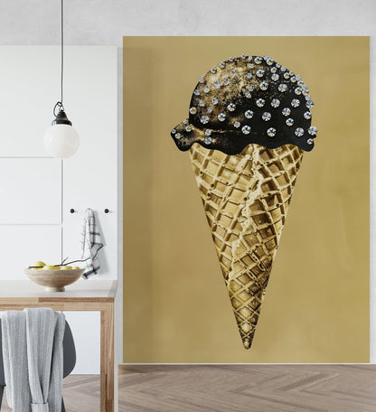 Glamour Room Decor. Gold Ice Cream Cone and Diamonds Wallpaper Mural. #6826