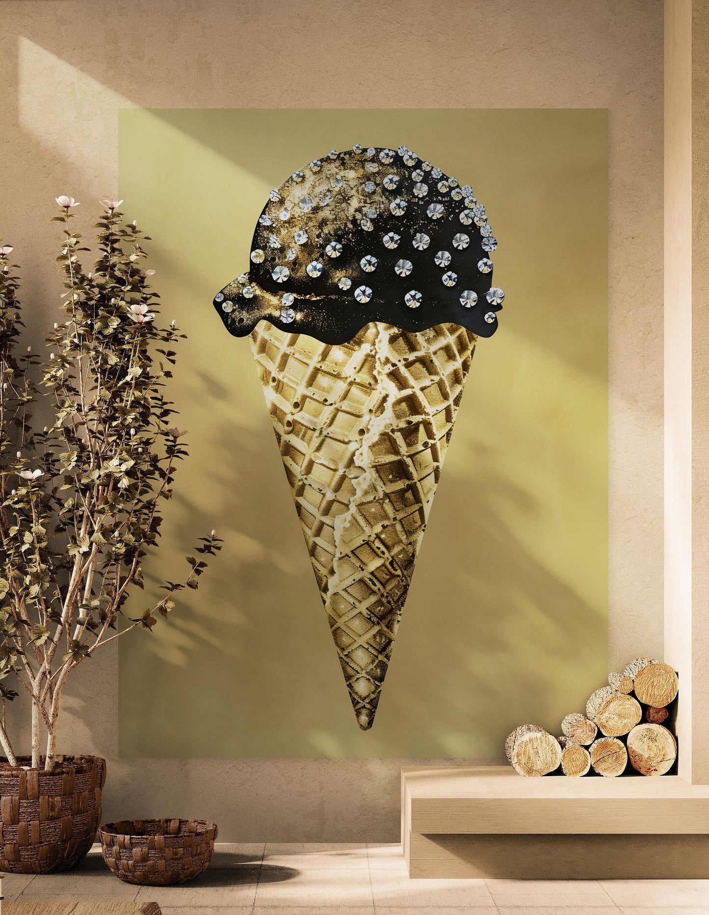 Glamour Room Decor. Gold Ice Cream Cone and Diamonds Wallpaper Mural. #6826