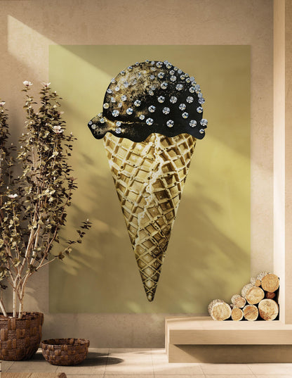 Glamour Room Decor. Gold Ice Cream Cone and Diamonds Wallpaper Mural. #6826