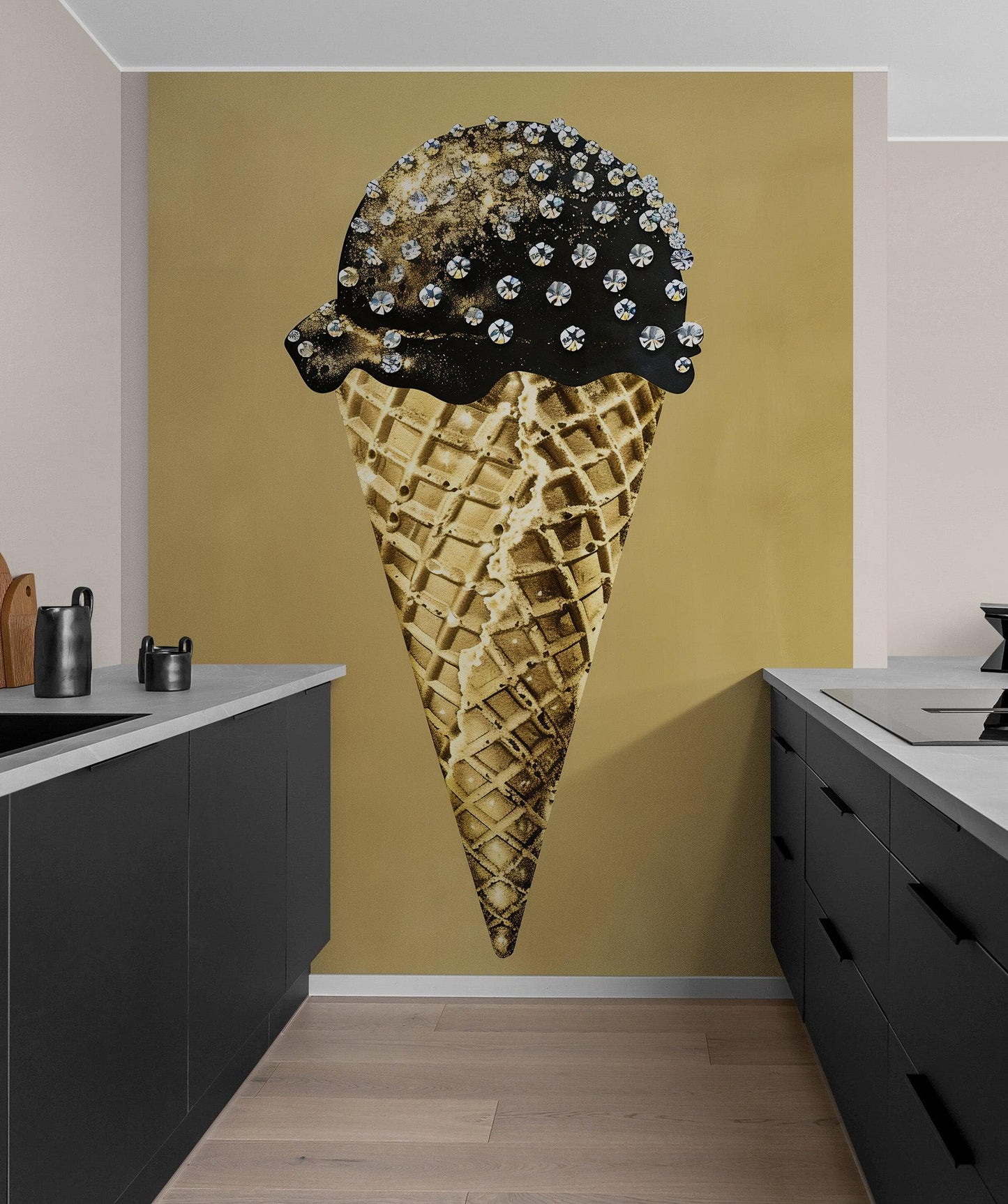 Glamour Room Decor. Gold Ice Cream Cone and Diamonds Wallpaper Mural. #6826