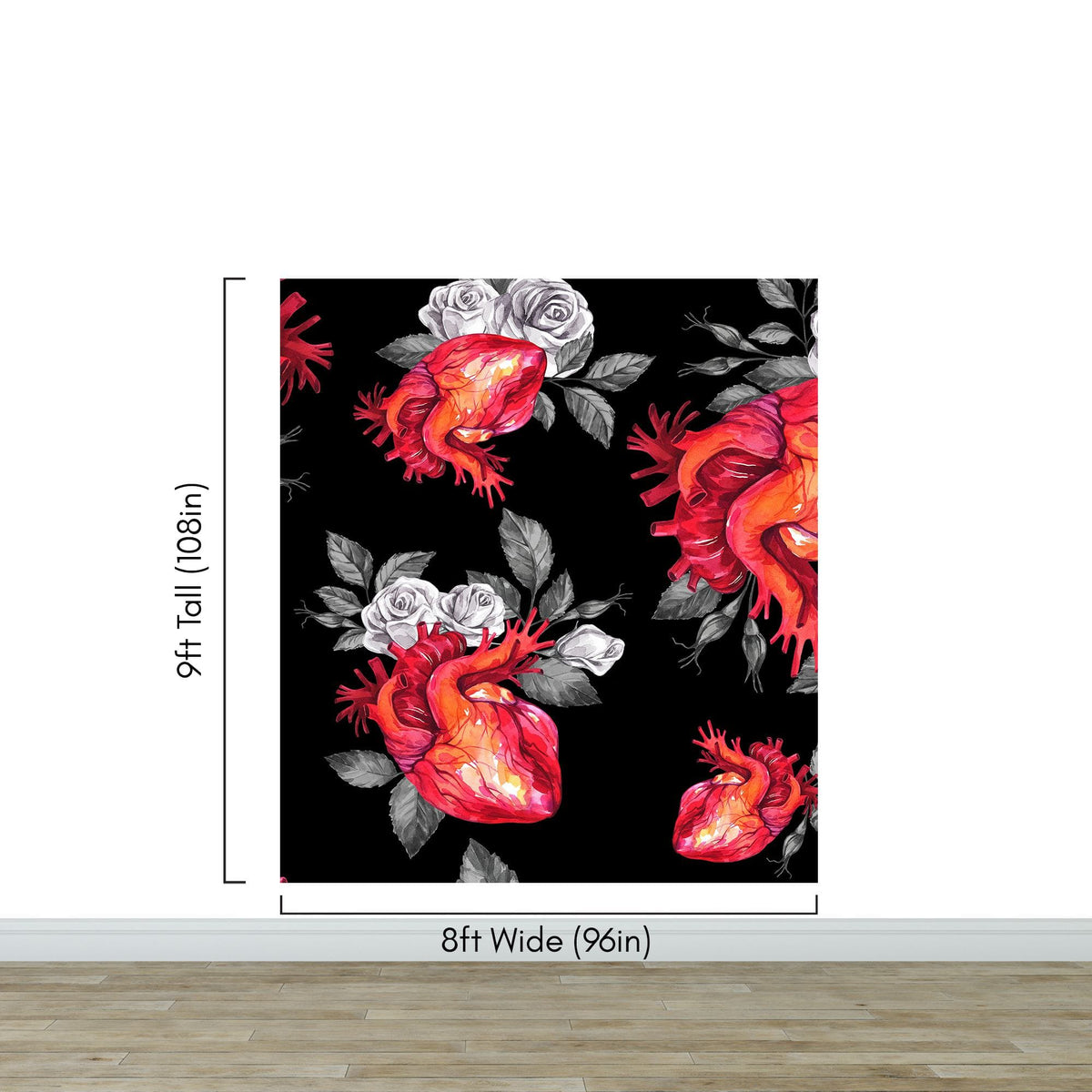 Valentines Hearts and Roses Watercolor Pattern Wall Mural. Black background. #6136