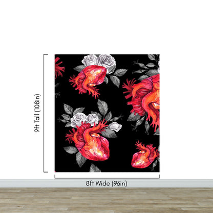 Valentines Hearts and Roses Watercolor Pattern Wall Mural. Black background. #6136