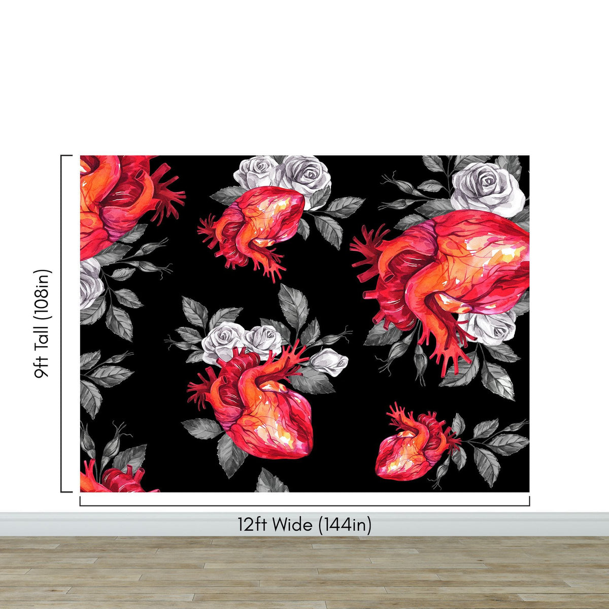 Valentines Hearts and Roses Watercolor Pattern Wall Mural. Black background. #6136
