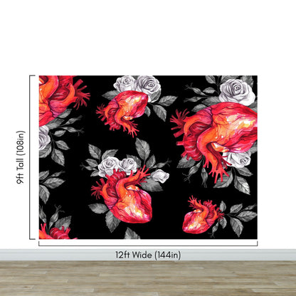Valentines Hearts and Roses Watercolor Pattern Wall Mural. Black background. #6136