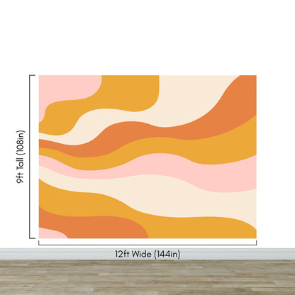Retro 70's Abstract Wave Wallpaper Mural. Burnt Orange Mustard Yellow Color. #7043