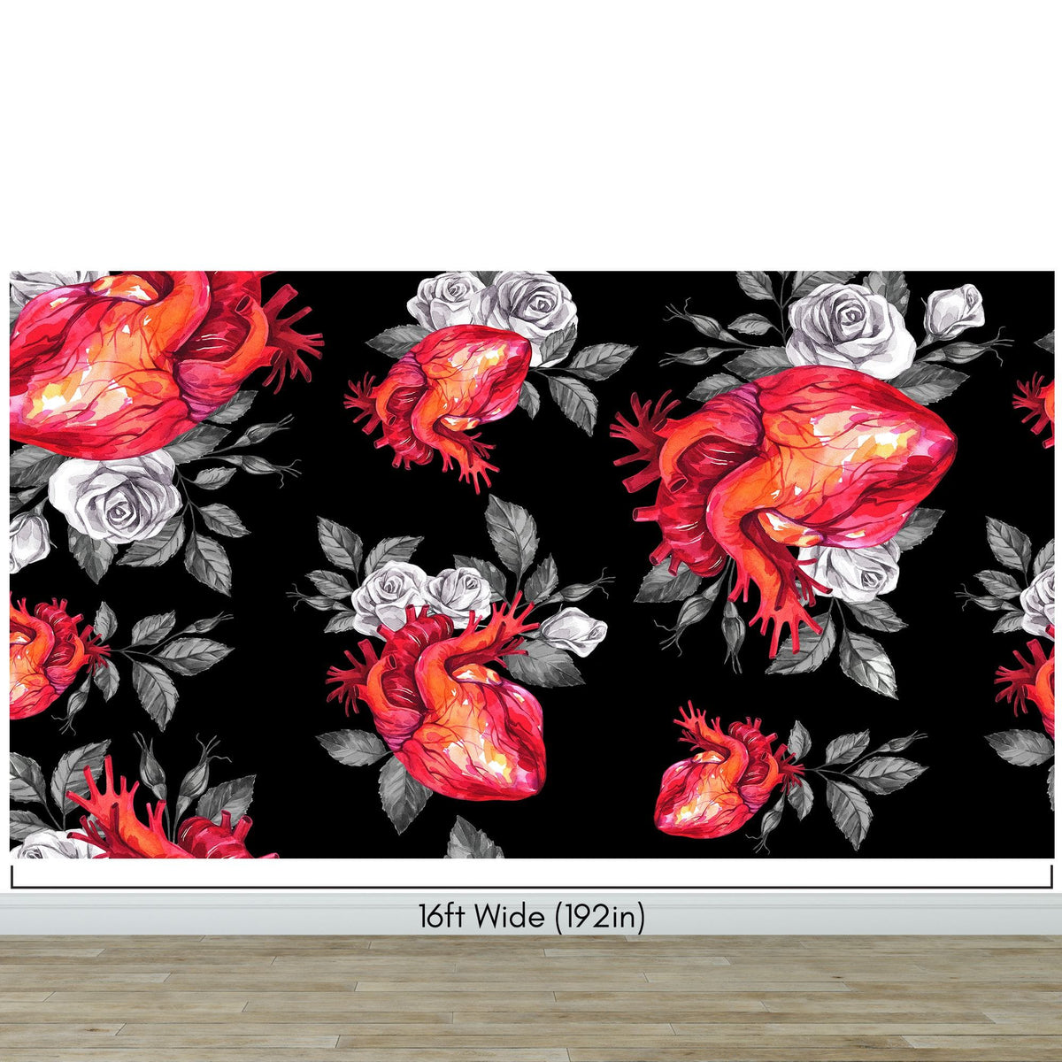 Valentines Hearts and Roses Watercolor Pattern Wall Mural. Black background. #6136