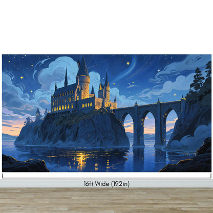 Magical Hogwarts Castle Twilight Wallpaper Mural. Wizardly World Fantasy Theme Wall Art. #6985