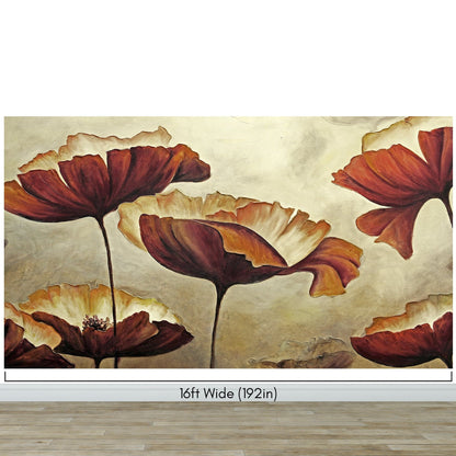 Sepia Poppies Flower Wall Mural. Vintage Botanical Wallpaper. #6155