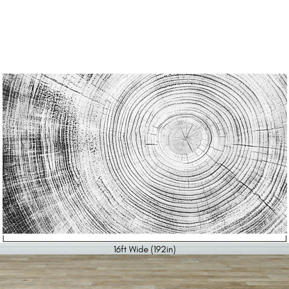Tree Rings Wallpaper Mural. Black and White  Modern Wood Grain Circle Pattern. #7022