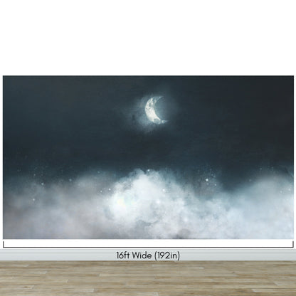 Crescent Moon Shining Over Misty Clouds Wall Mural. Peel and Stick Wallpaper. #6301