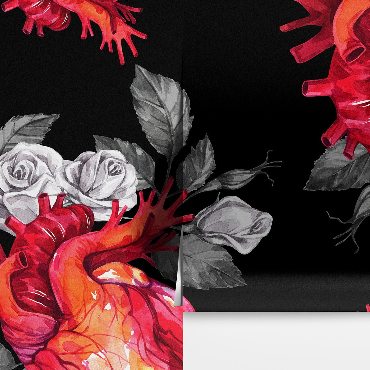 Valentines Hearts and Roses Watercolor Pattern Wall Mural. Black background. #6136