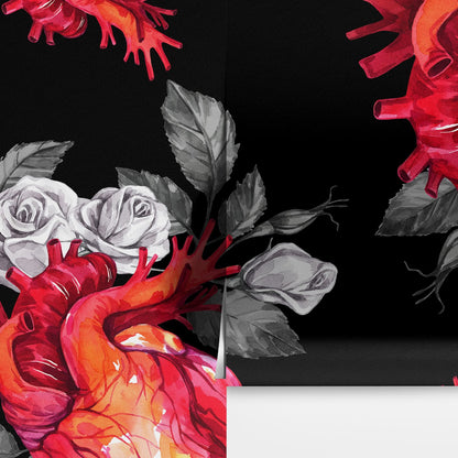 Valentines Hearts and Roses Watercolor Pattern Wall Mural. Black background. #6136
