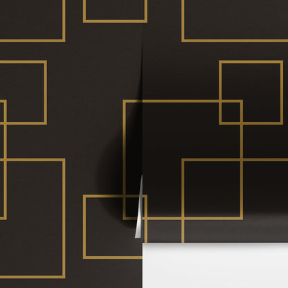 Dark Brown and Gold Square Geometric Pattern Peel and Stick Wallpaper | Removable Wall Mural #6215