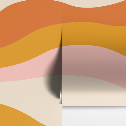 Retro 70's Abstract Wave Wallpaper Mural. Burnt Orange Mustard Yellow Color. #7043