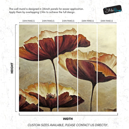 Sepia Poppies Flower Wall Mural. Vintage Botanical Wallpaper. #6155