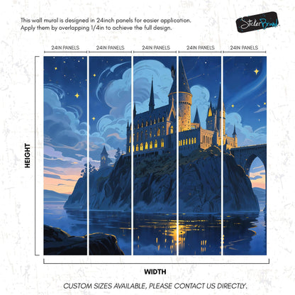 Magical Hogwarts Castle Twilight Wallpaper Mural. Wizardly World Fantasy Theme Wall Art. #6985