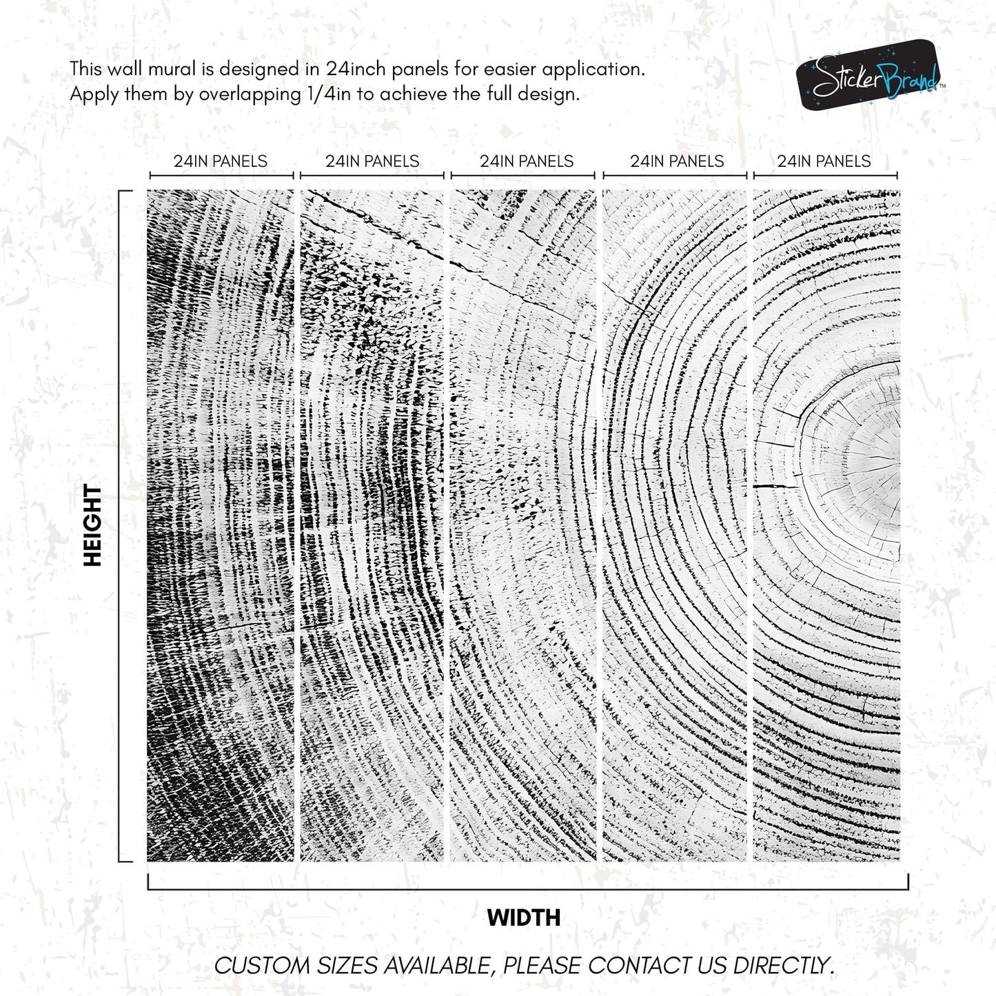 Tree Rings Wallpaper Mural. Black and White  Modern Wood Grain Circle Pattern. #7022