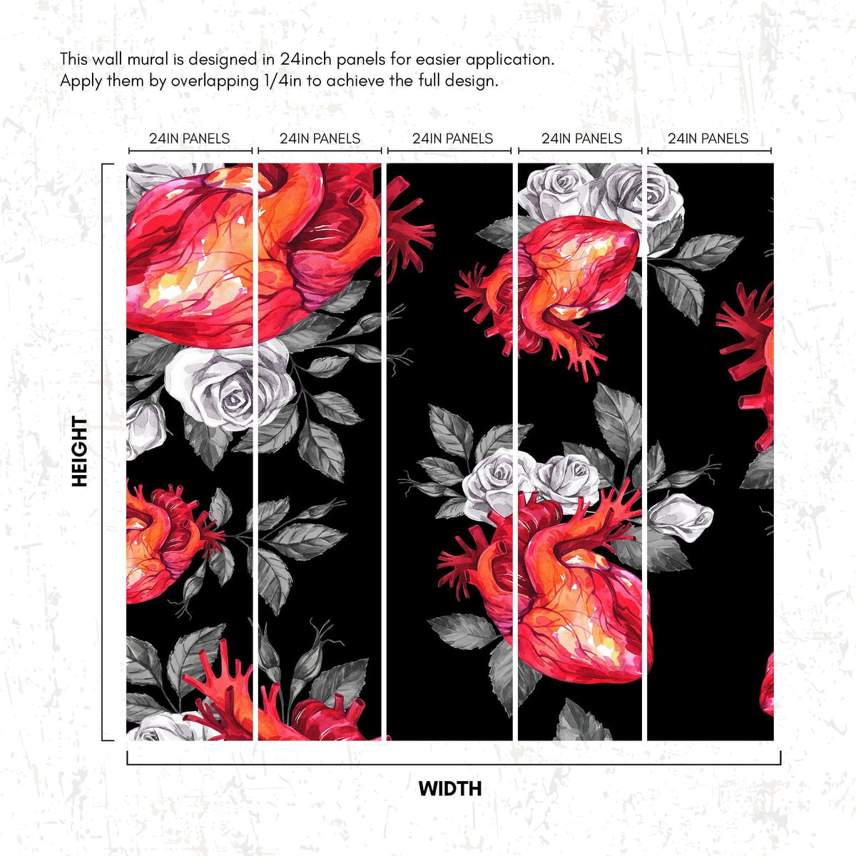 Valentines Hearts and Roses Watercolor Pattern Wall Mural. Black background. #6136