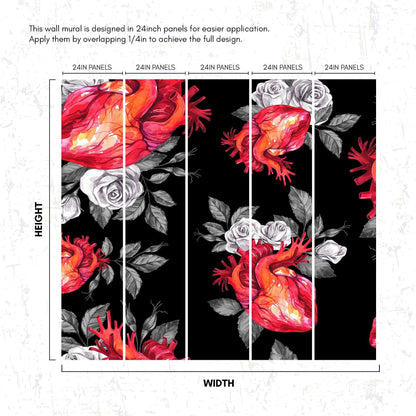 Valentines Hearts and Roses Watercolor Pattern Wall Mural. Black background. #6136