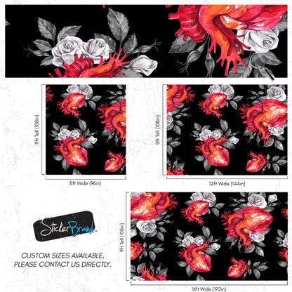 Valentines Hearts and Roses Watercolor Pattern Wall Mural. Black background. #6136