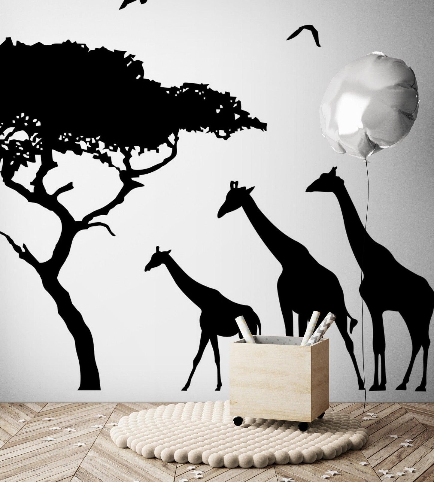 African Safari Theme Wall Decal Sticker. Giraffes, Tree and Birds Wall Decal. #OS_ES104