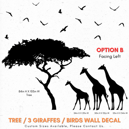 African Safari Theme Wall Decal Sticker. Giraffes, Tree and Birds Wall Decal. #OS_ES104