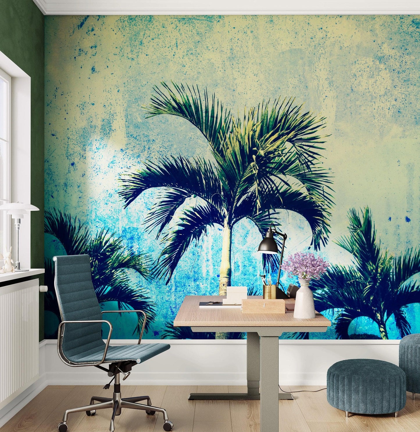 Urban Jungle Tropical Tree Wallpaper Mural. Grunge Decor. #FT-3590