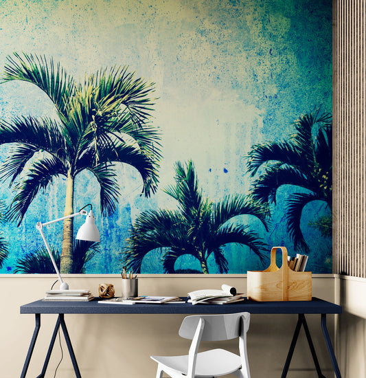 Urban Jungle Tropical Tree Wallpaper Mural. Grunge Decor. #FT-3590