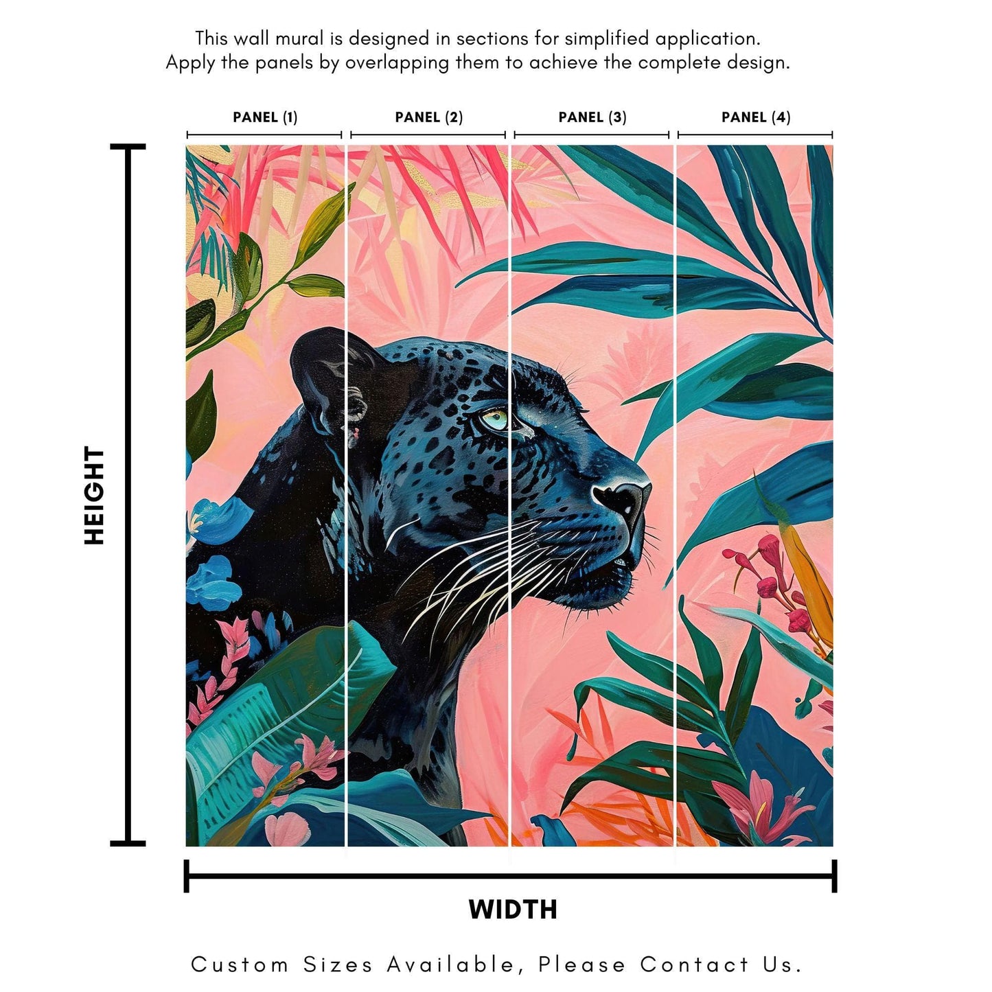 Black Panther in Pink Tropical Forest Wall Mural. Fashionable Botanical Chic Decor. #6822