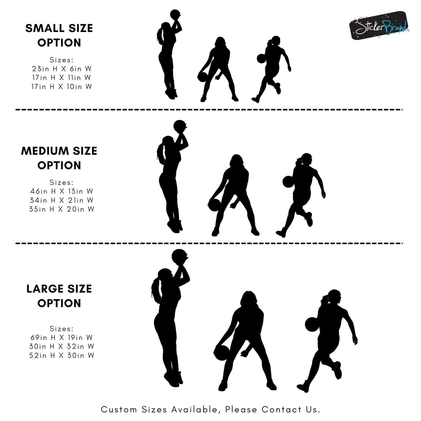 Set of 3 Female Basketball Player Wall Decals. #6982