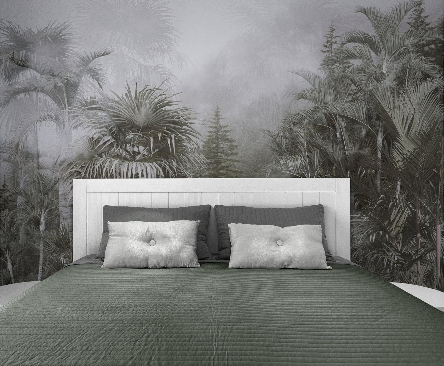 Pastel Monochrome Green and Grey Tropical Forest Jungle Wallpaper Mural. #FT-448919