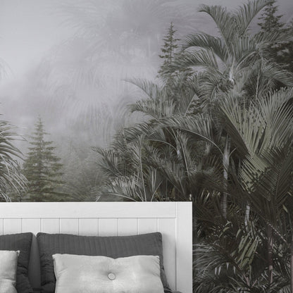 Pastel Monochrome Green and Grey Tropical Forest Jungle Wallpaper Mural. #FT-448919