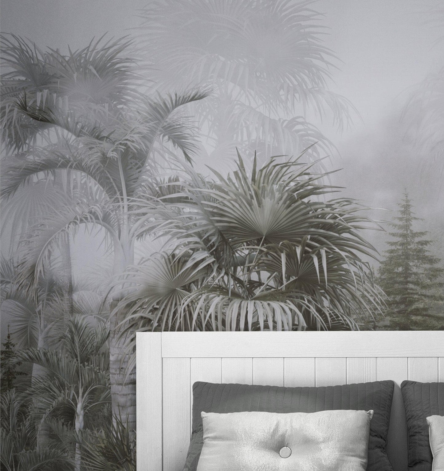 Pastel Monochrome Green and Grey Tropical Forest Jungle Wallpaper Mural. #FT-448919