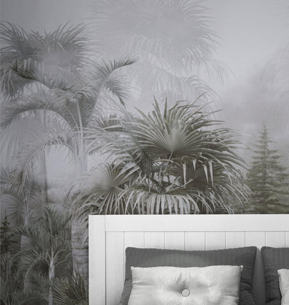 Pastel Monochrome Green and Grey Tropical Forest Jungle Wallpaper Mural. #FT-448919