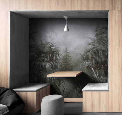 Pastel Monochrome Green and Grey Tropical Forest Jungle Wallpaper Mural. #FT-448919