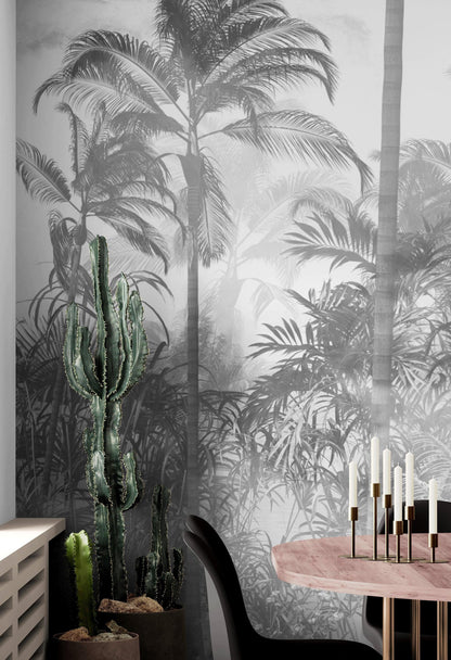 Black and White Tropical Jungle Forest Palm Trees Wallpaper Mural. #FT-448495