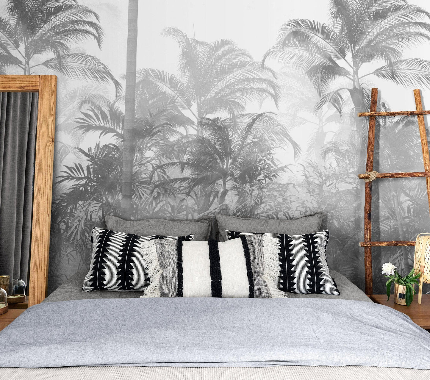 Black and White Tropical Jungle Forest Palm Trees Wallpaper Mural. #FT-448495