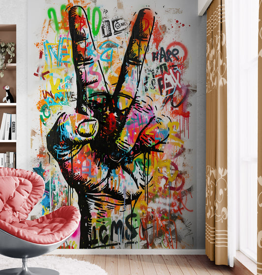 Modern Street Art Wallpaper. Graffiti Peace Sign Wall Mural. #6819