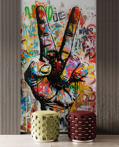 Modern Street Art Wallpaper. Graffiti Peace Sign Wall Mural. #6819