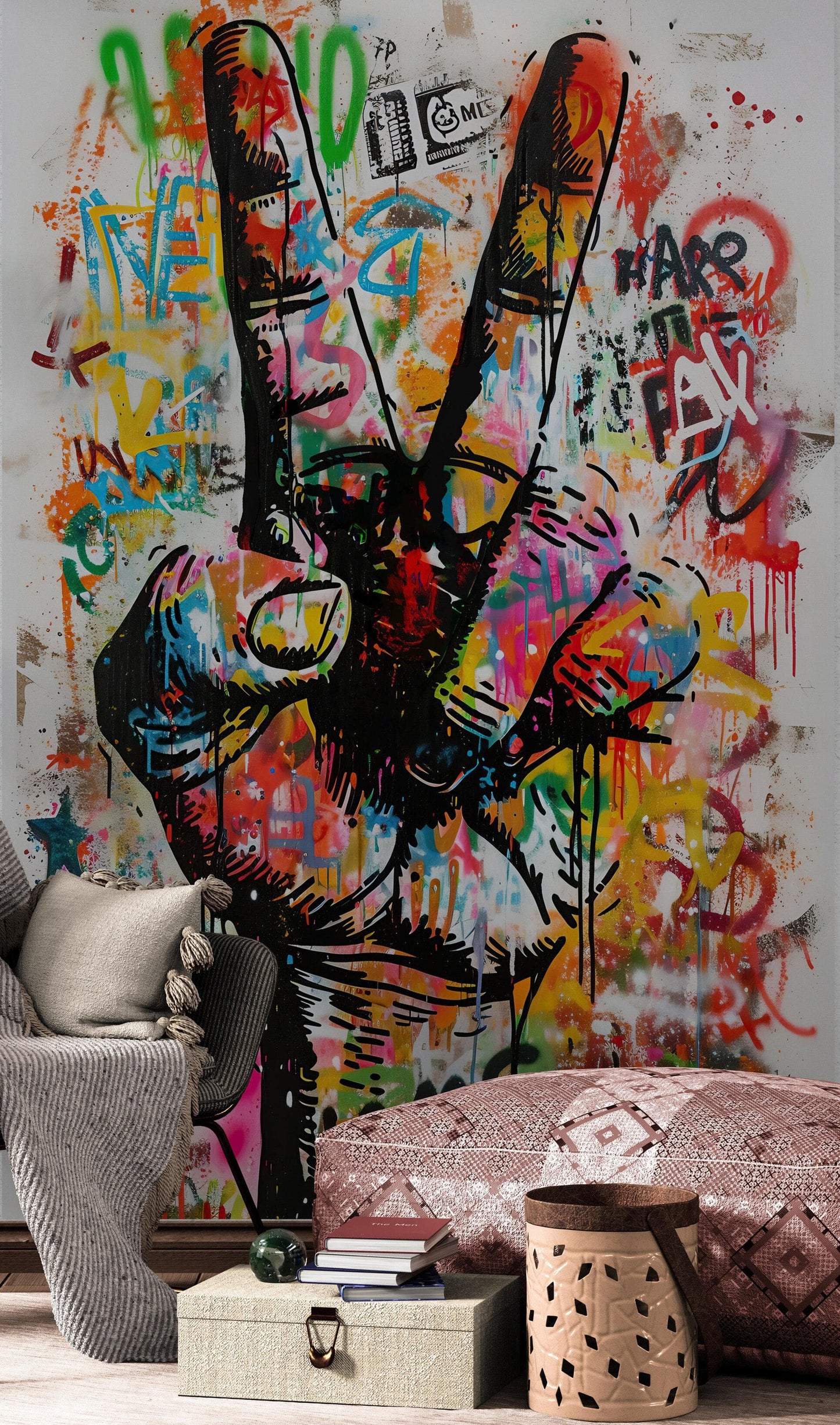 Modern Street Art Wallpaper. Graffiti Peace Sign Wall Mural. #6819