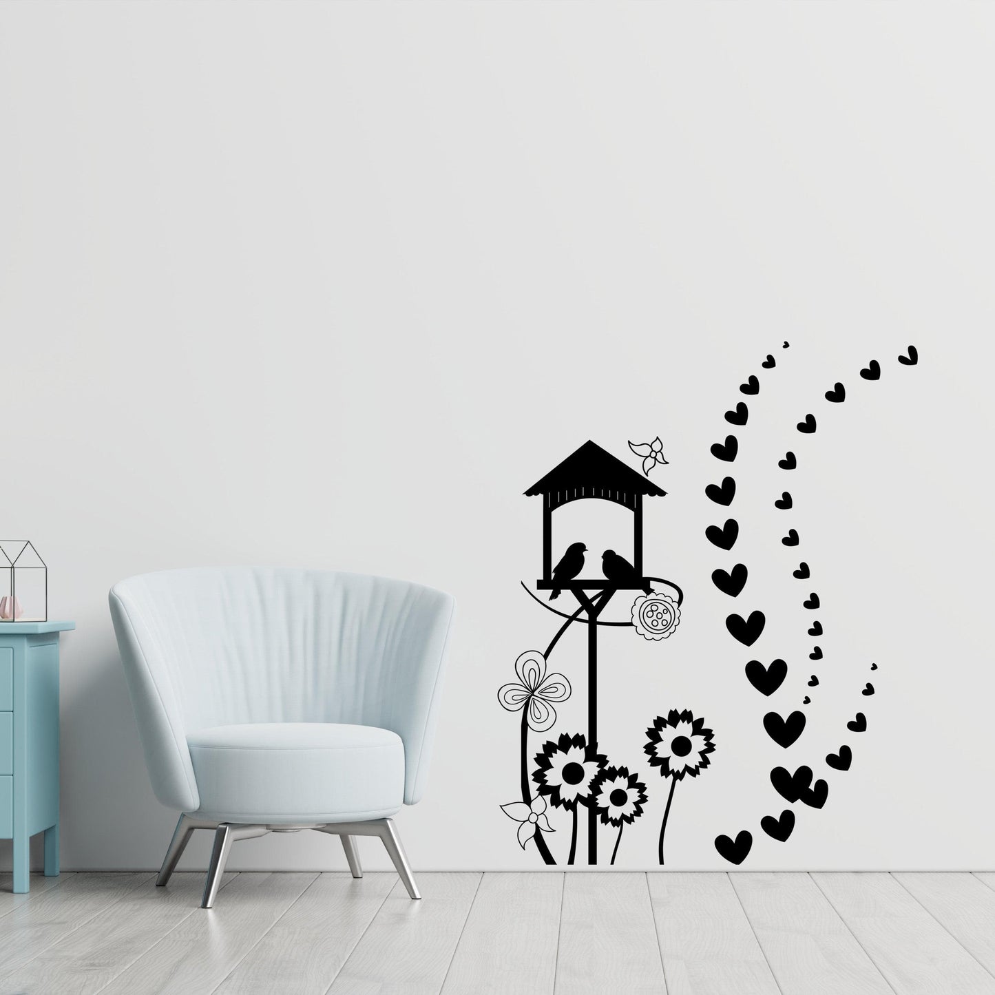 Birdhouse Wall Decal. Flowers and Hearts Design. Laundry Room / Nursery / Bedroom / Living Room Home Decor. #1036